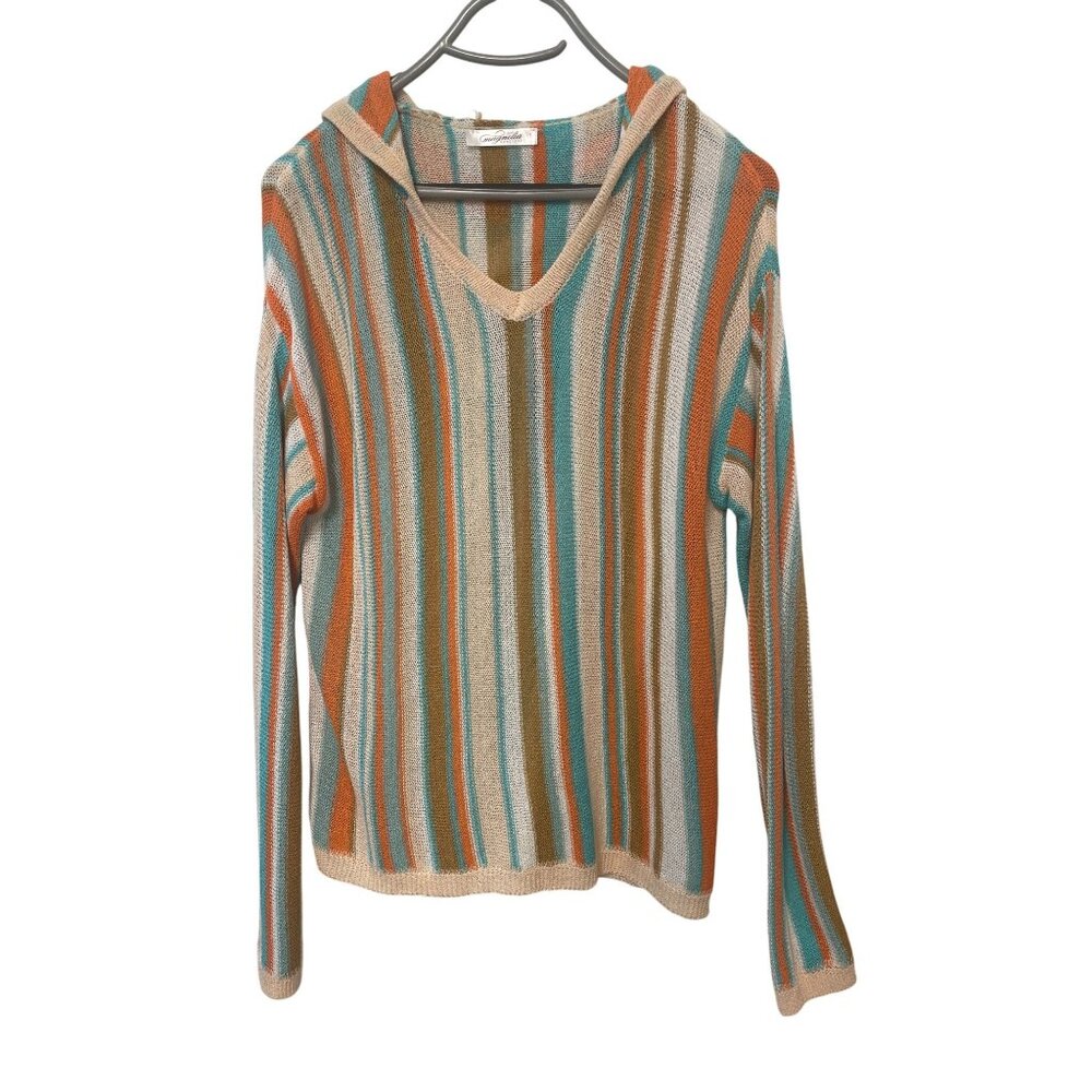 Striped Knit Hooded Sweater V-Neck Long Sleeve By Magnolia Boutique M Boho Beach